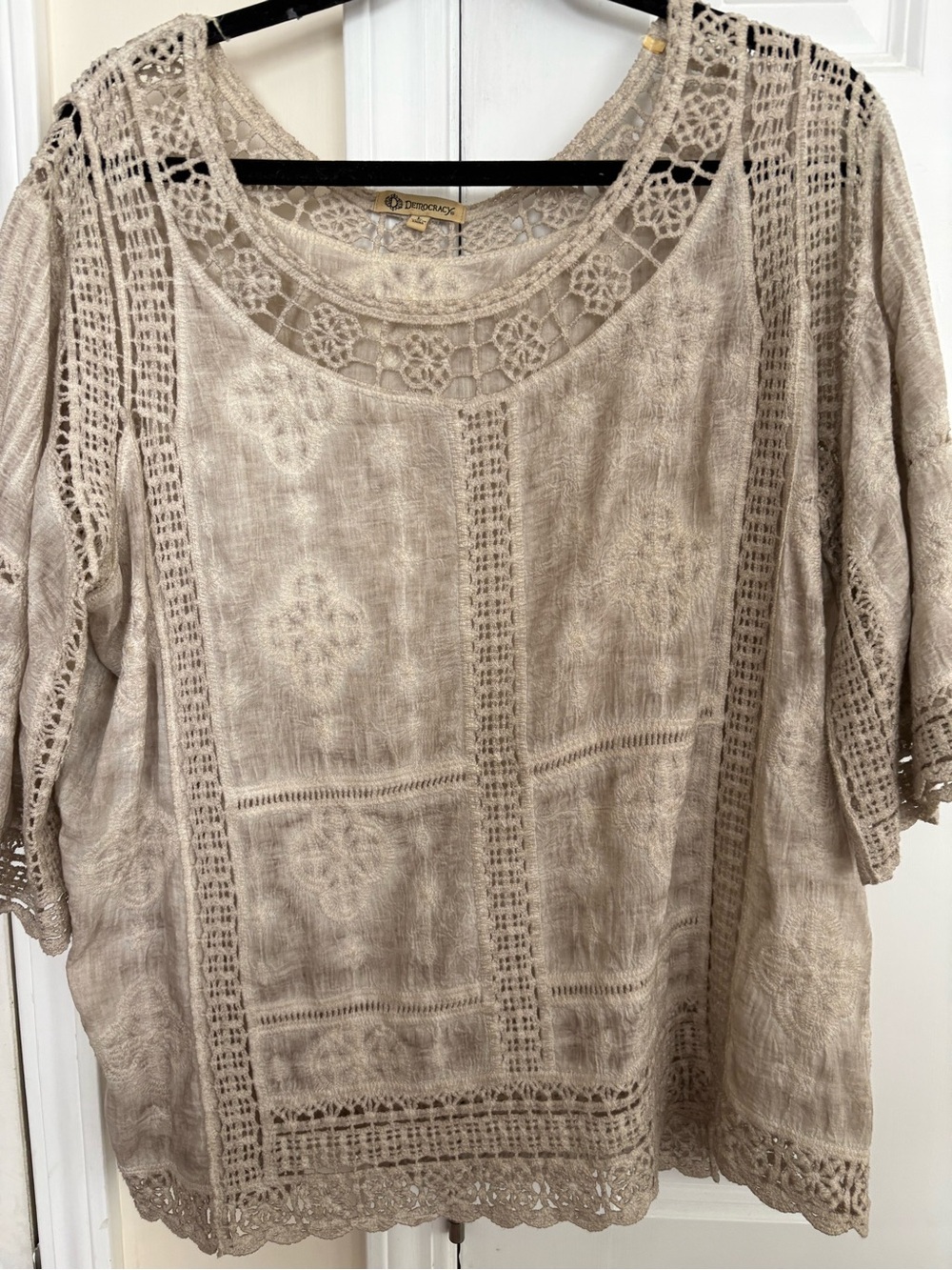 Democracy Taupe Crochet & Lace Panel Scoop Neck Blouse